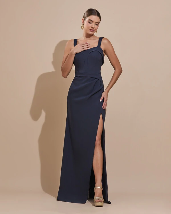 Vestido de Festa Longo Alfaiataria Decote Coração com Alças e Fenda Azul Marinho Escuro