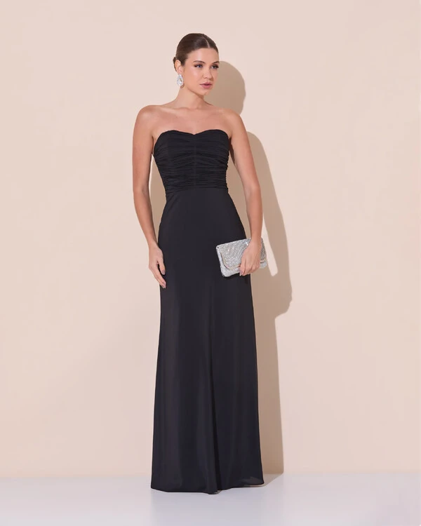 Vestido de Festa Longo Ombro a Ombro Plissado Crepe Chiffon Capa Flor 3D Preto