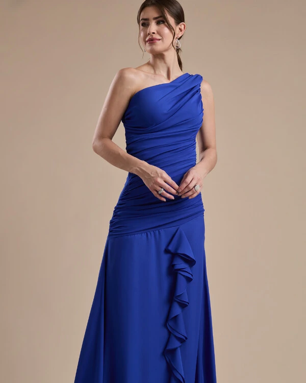 Vestido de Festa Longo Crepe Chiffon Um Ombro Só Drapeado com Babado Cascata Azul Royal