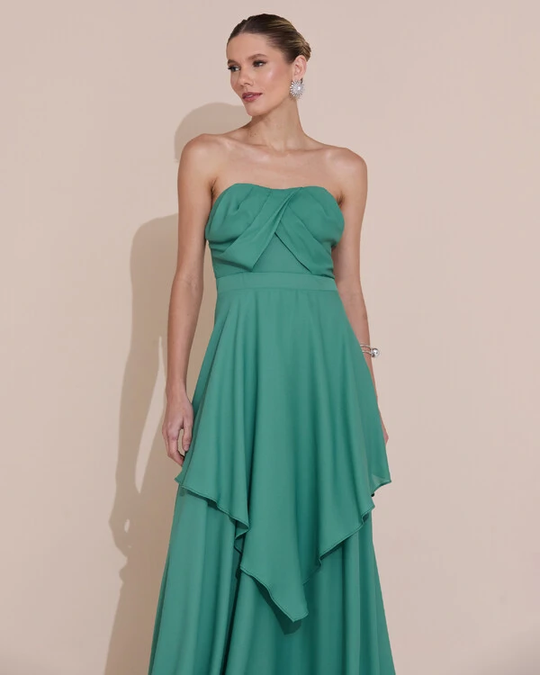 Vestido de Festa Longo Tomara que Caia Crepe Chiffon Drapeado Camadas Verde Matcha Escuro