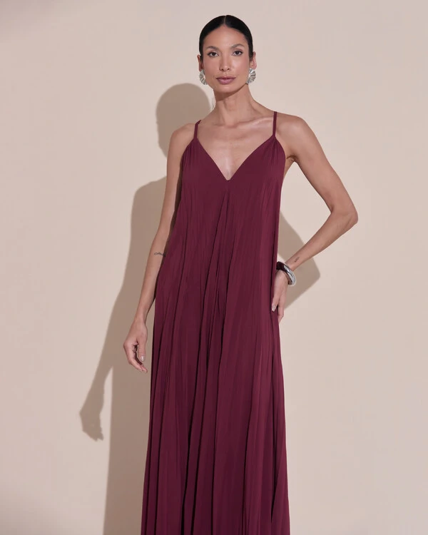 Vestido de Festa Longo Plissado Crepe Chiffon Decote V Alças Finas Marsala