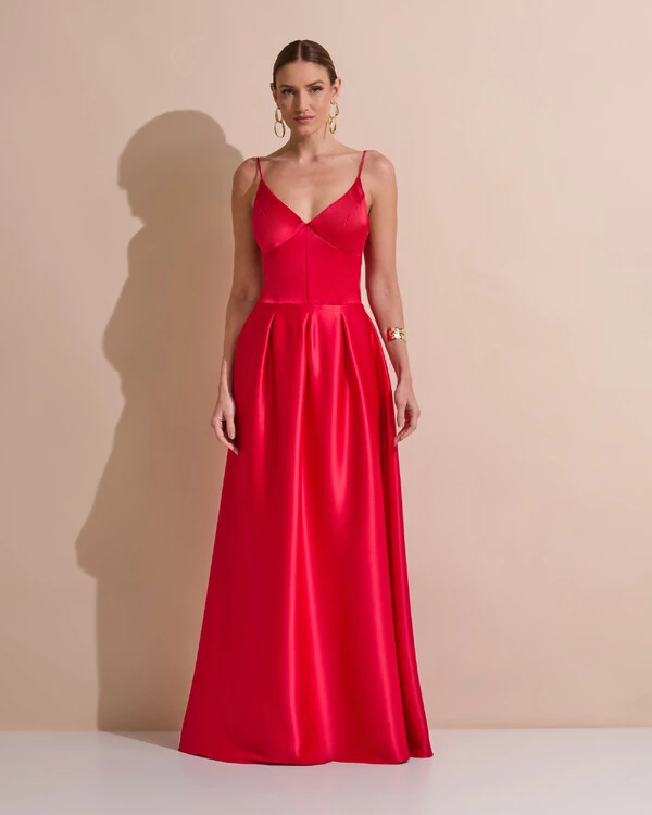 Vestido de Festa Longo Alça Fina Decote V Cetim Saia Evasê Vermelho