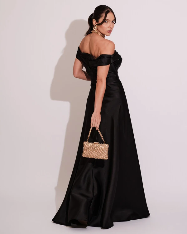 Vestido de Festa Longo Zibeline Ombro a Ombro com Fenda Preto