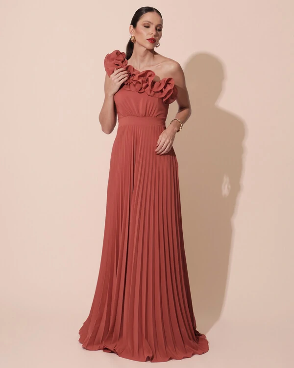 Vestido de Festa um Ombro Só Flor Saia Plissado Terracota