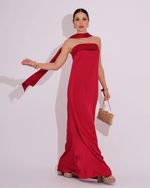 Vestido Longo de Festa Tomara que Caia Cetim com Lenço Marsala