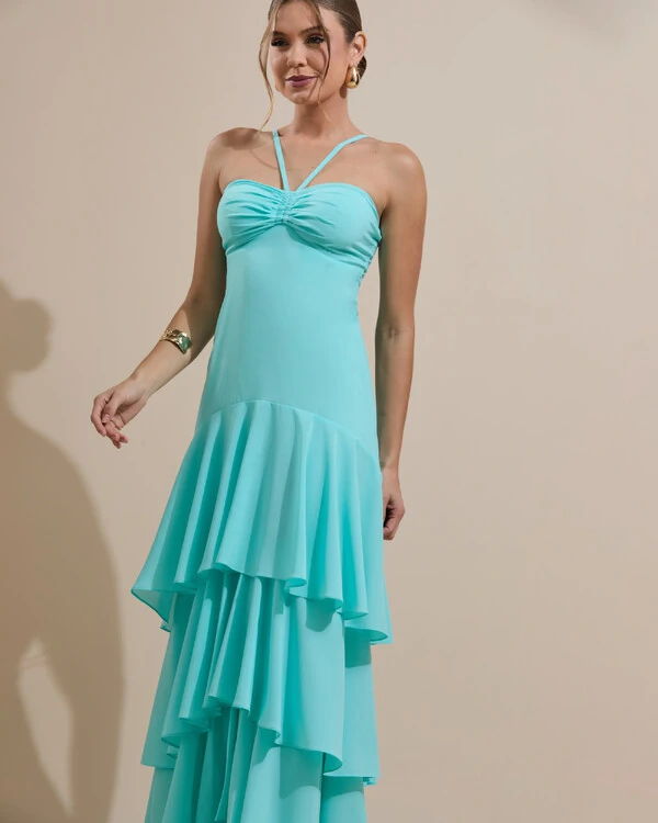 Vestido Longo Crepe com Babado em Camadas Tiffany