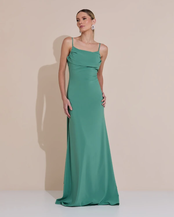 Vestido de Festa Longo Crepe Chiffon Costas Lenço Cauda Verde Matcha Escuro
