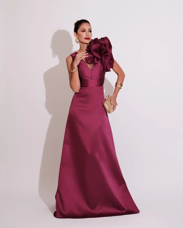 Vestido de Festa longo Zibeline Flor Fúcsia