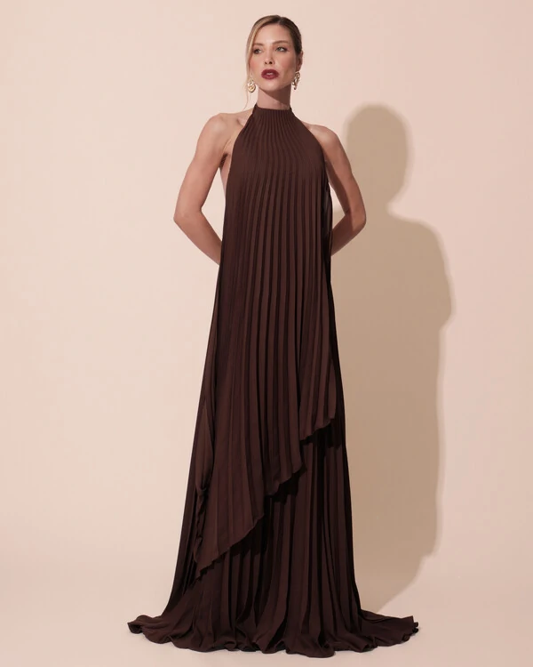 Vestidos de Festa Longo Chiffon Fluido Frente Única Plissado Duplo Marrom