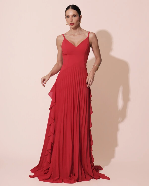 Vestido de Festa Longo Crepe Chiffon Alça Fina Saia Plissada com Babado Cascata Vermelho