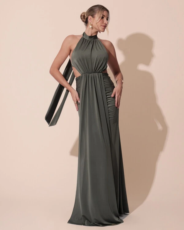 Vestido de Festa Longo Malha Jersey Gola Alta Saia Sereia Verde Oliva