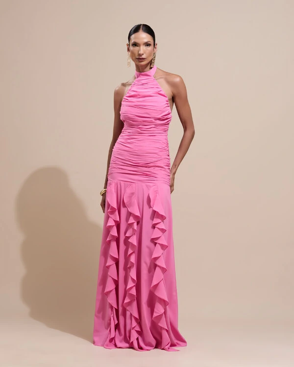Vestido de Festa Longo Frente Única Crepe Chiffon Drapeado Babados Cascata Rosa