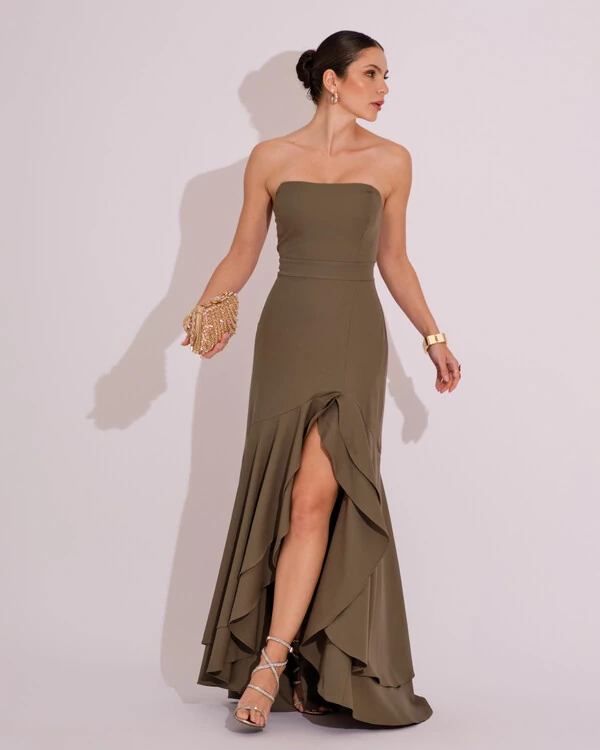 Vestido Longo com Fenda de Babados Alfaiataria Verde Oliva