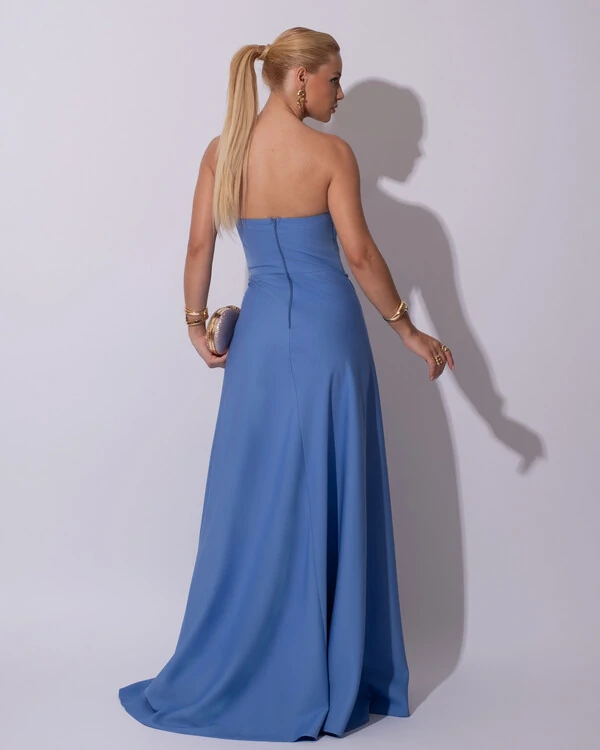 Vestido de Festa Longo Alfaiataria Tomara que Caia com Fenda Detalhe Azul Atlantis