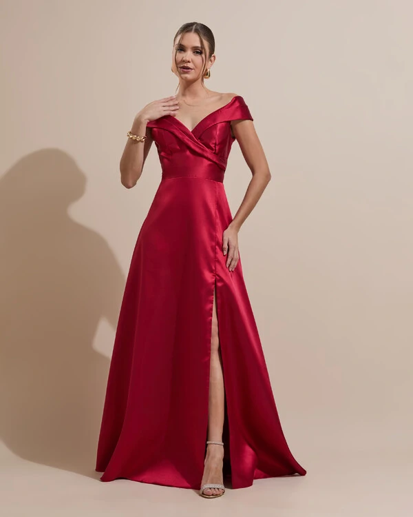 Vestido de Festa Longo Zibeline Ombro a Ombro com Fenda Marsala
