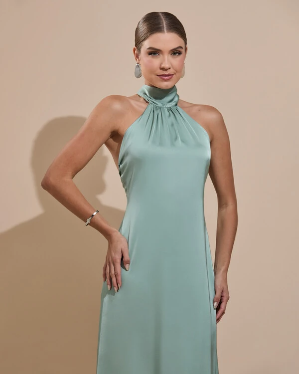 Vestido de Festa Gola Alta com Decote nas Costas Acetinado Verde Menta