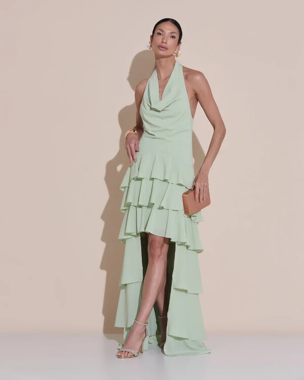Vestido De Festa Longo Frente Única Degagê Crepe Chiffon Babados Mullet Verde Menta New