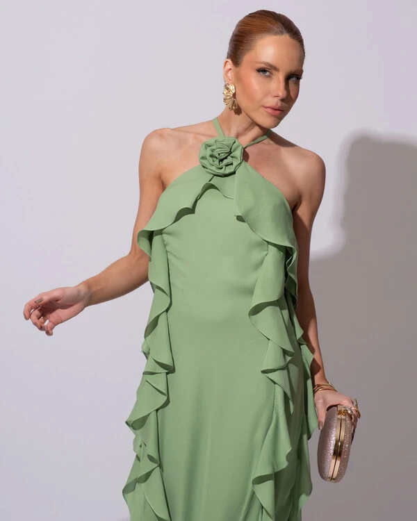 Vestido de Festa Longo Crepe Chiffon Frente Única Babados Cascata e Flor Verde Matcha