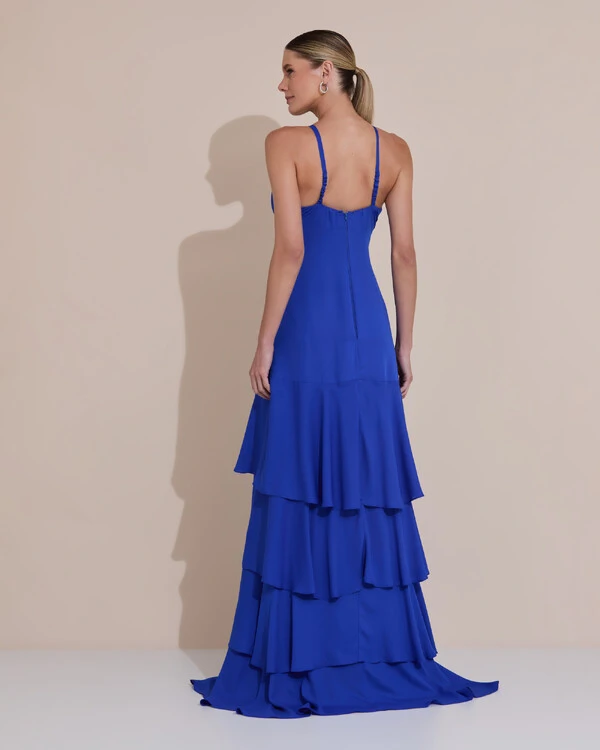 Vestido Longo Crepe com Babado em Camadas Azul Royal