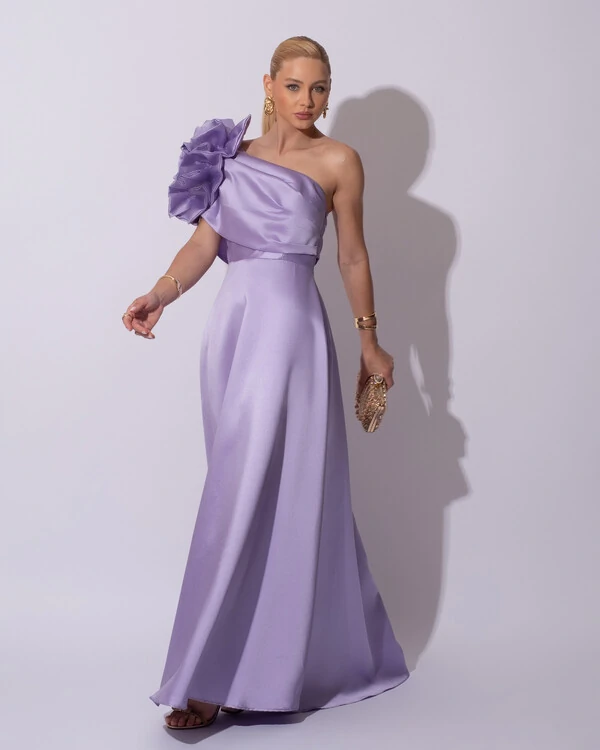 Vestido de Festa Longo Zibeline um Ombro Só Flor Drapeado Lilás