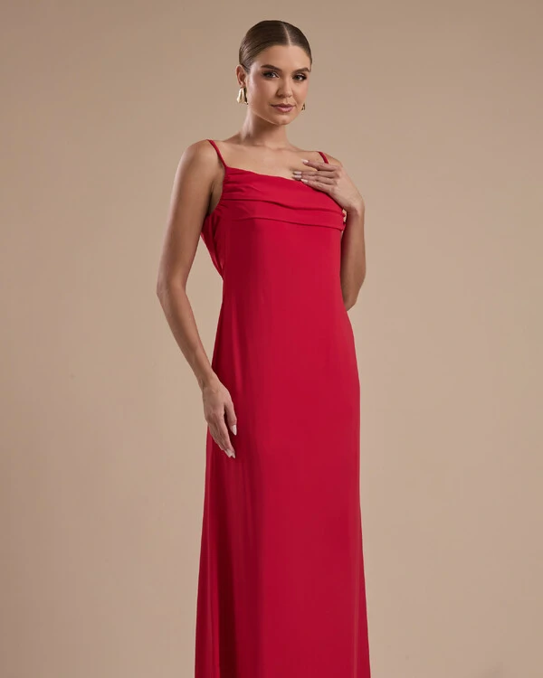 Vestido de Festa Longo Crepe Chiffon Costas Lenço Cauda Vermelho