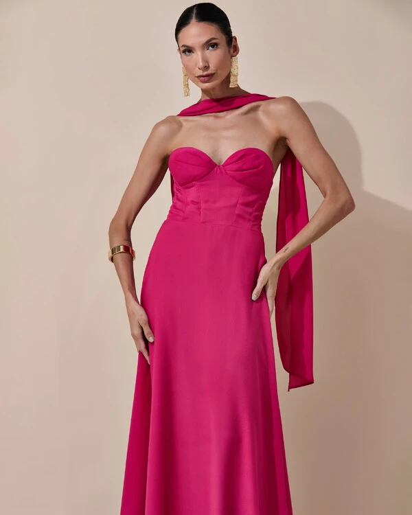 Vestido de Festa Longo Tomara que Caia Crepe Chiffon Decote Coração Lenço Pink Escuro