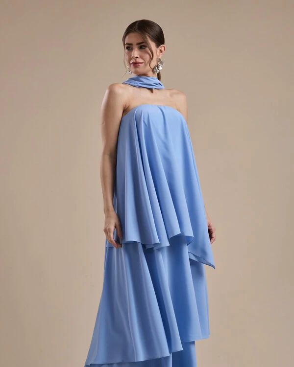 Vestido de Festa Longo Chiffon Crepe em Camadas com Lenço Serenity