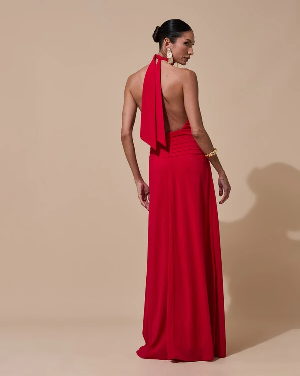 Vestido de Festa Longo Frente Única Busto Blousê Crepe Chiffon Drapeado Vermelho
