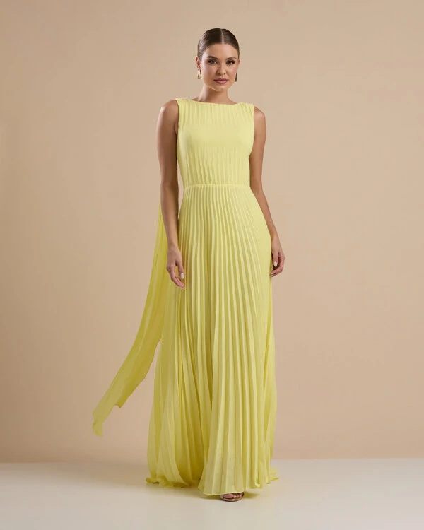 Vestido de Festa Longo Crepe Chiffon Plissado com Lenço nas Alças Amarelo Manteiga