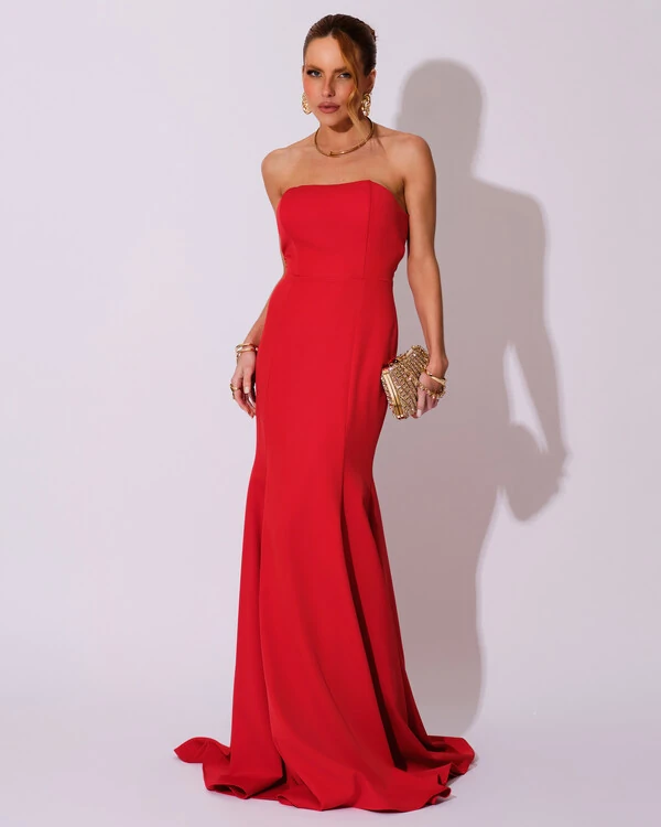 Vestido de Festa Longo Alfaiataria Tomara que Caia Saia Sereia Vermelho