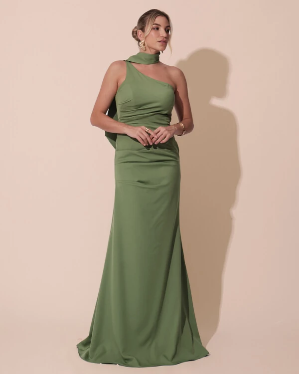 Vestido de Festa Longo Alfaiataria Um Ombro Só Detalhe Drapeado Verde Matcha
