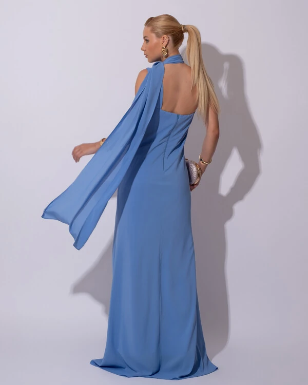 Vestido de Festa Longo Crepe Chiffon Um Ombro Só Drapeado Lenço Fixo Azul Atlantis