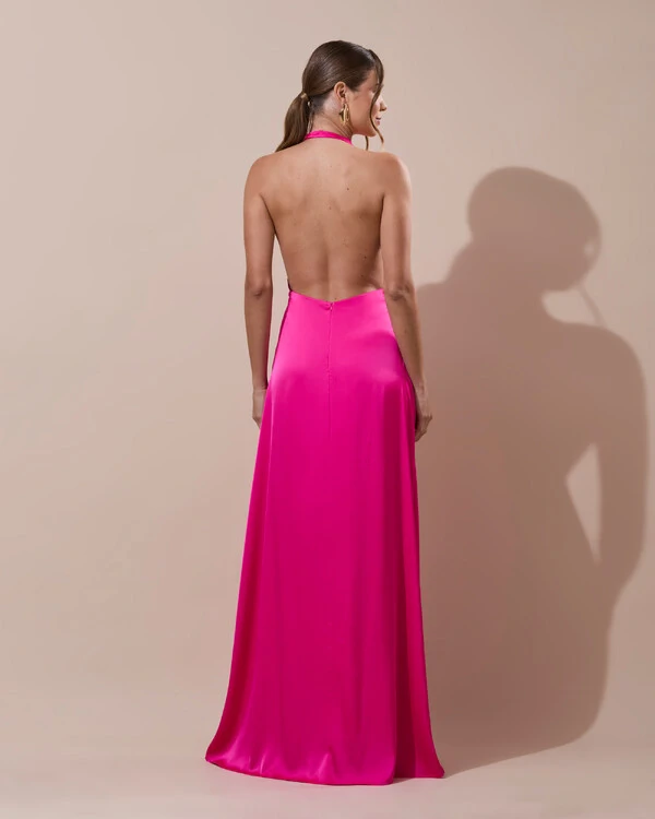 Vestido de Festa Longo Frente Única Degagê Cetim Fluido Pink