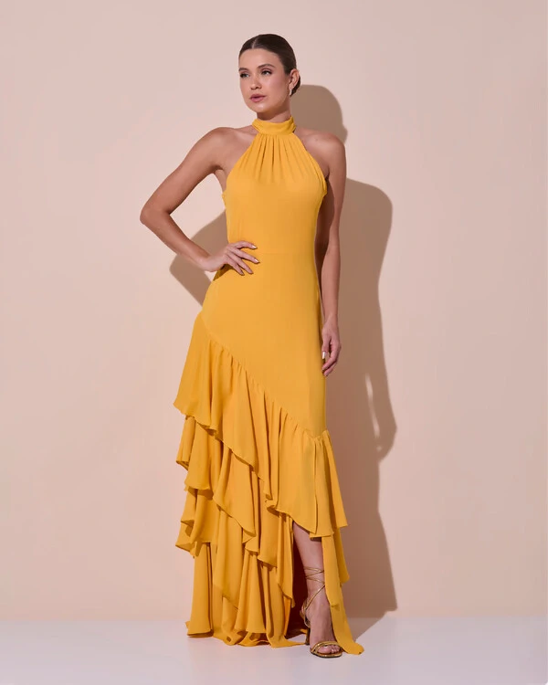Vestido de Festa Longo Chiffon Crepe Gola Alta Babados Laranja Manga New