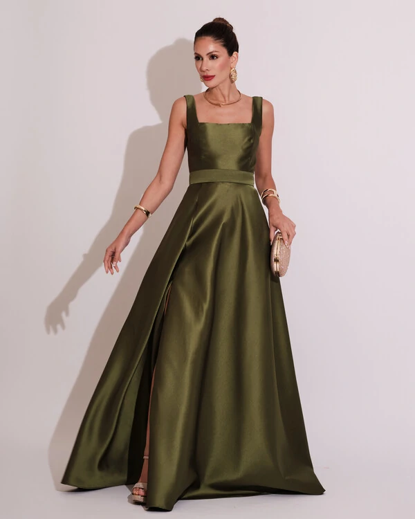 Vestido de Festa Longo Zibeline com Fenda e Faixa Verde Oliva
