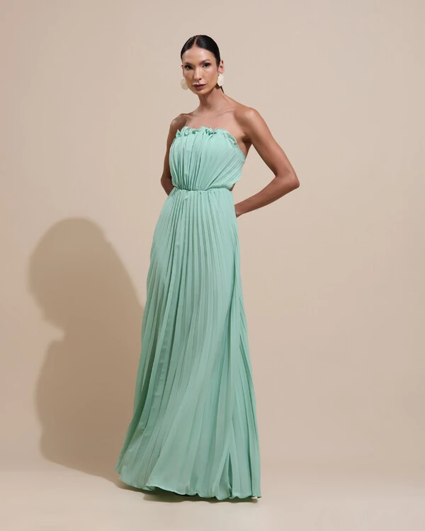 Vestido de Festa Longo Tomara que Caia Plissado Detalhe Verde Menta