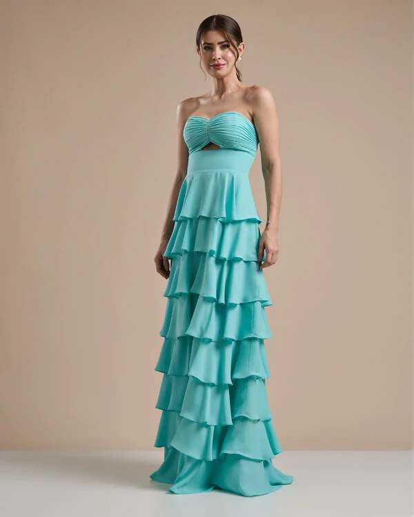 Vestido Longo Crepe Chiffon Tomara que Caia Plissado em Camadas Tiffany
