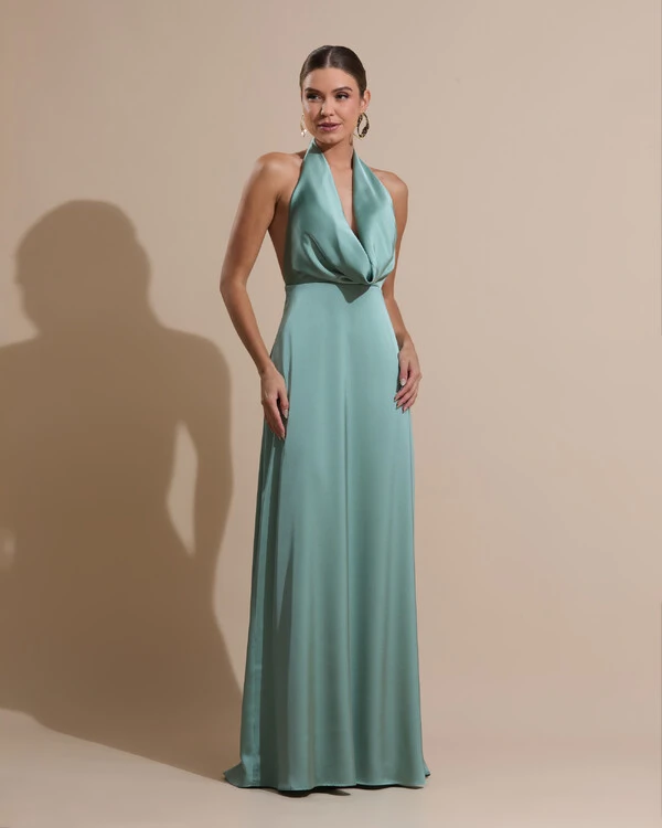 Vestido de Festa Longo Frente Única Degagê Cetim Fluido Verde Menta