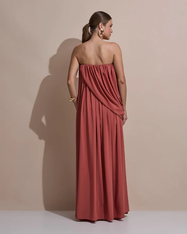 Vestido de Festa Longo Tomara Que Caia Crepe Chiffon Drapeado Terracota