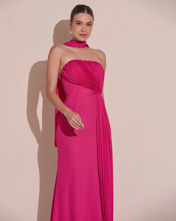 Vestido de Festa Longo Tomara Que Caia Crepe Chiffon Plissado Lenço Pink Escuro