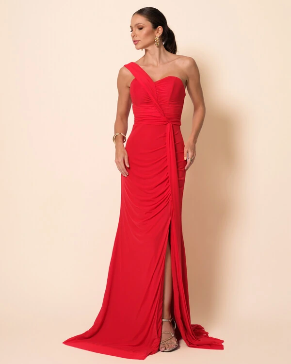 Vestido de Festa Longo Tule Tomara que Caia Faixa Detalhe Drapeado e Fenda Vermelho