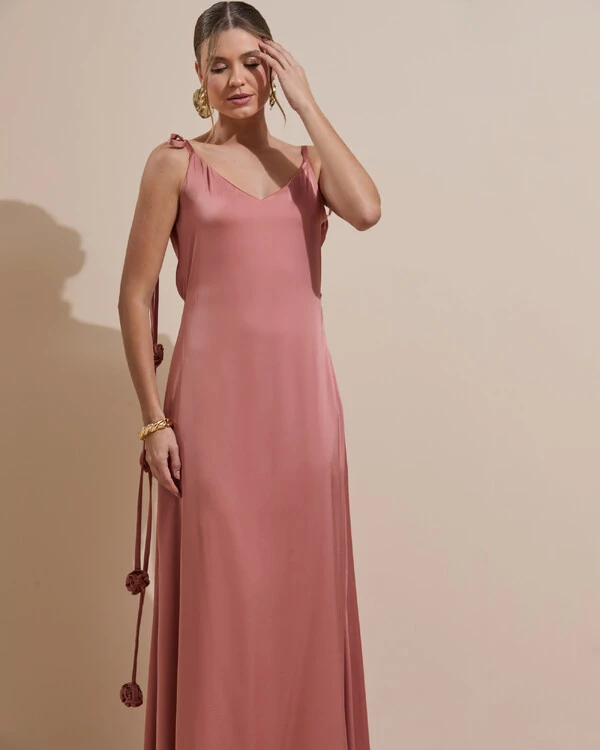 Vestido de Festa Longo Decote Degagê Costas Cetim Flores 3D Alças Rosa Blush