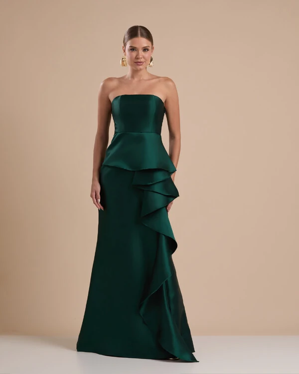 Vestido de Festa Longo Tomara que Caia Babado Cascata Verde Escuro