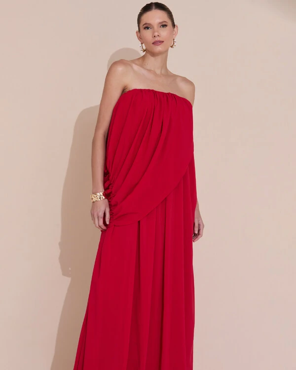 Vestido de Festa Longo Tomara Que Caia Crepe Chiffon Drapeado Vermelho