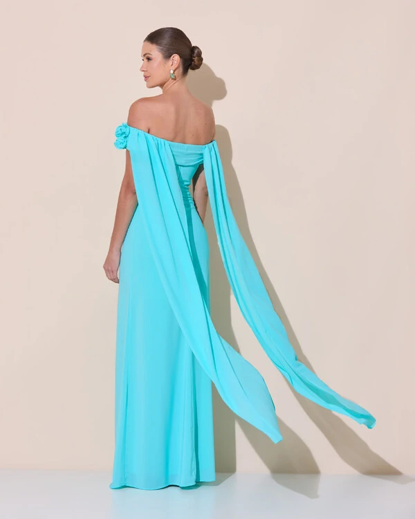 Vestido de Festa Longo Ombro a Ombro Plissado Crepe Chiffon Capa Flor 3D Tiffany