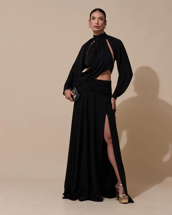Vestido de Festa Longo Gola Alta Crepe Chiffon Recortes Drapeado Manga Longa Fenda Preto