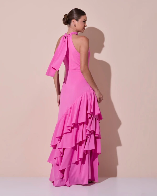 Vestido de Festa Longo Chiffon Crepe Gola Alta Babados Rosa New