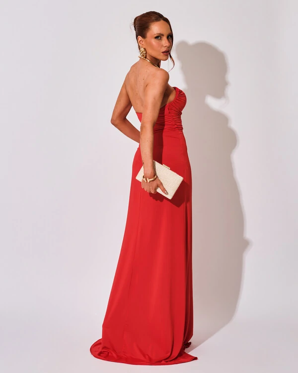 Vestido Longo Tomara que Caia Malha Fenda Vermelho
