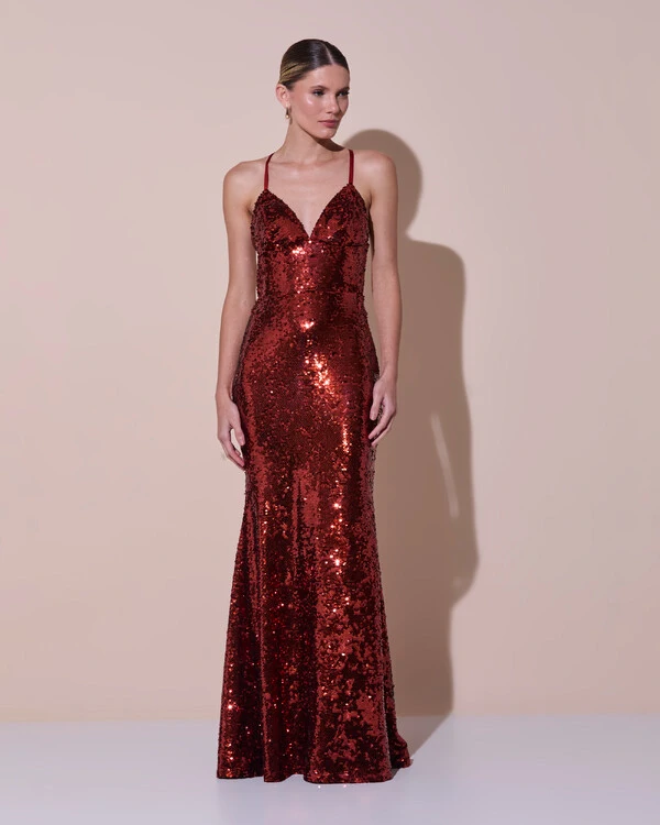 Vestido de Festa Longo Decote V Paetê Alças Finas Saia Sereia Terracota