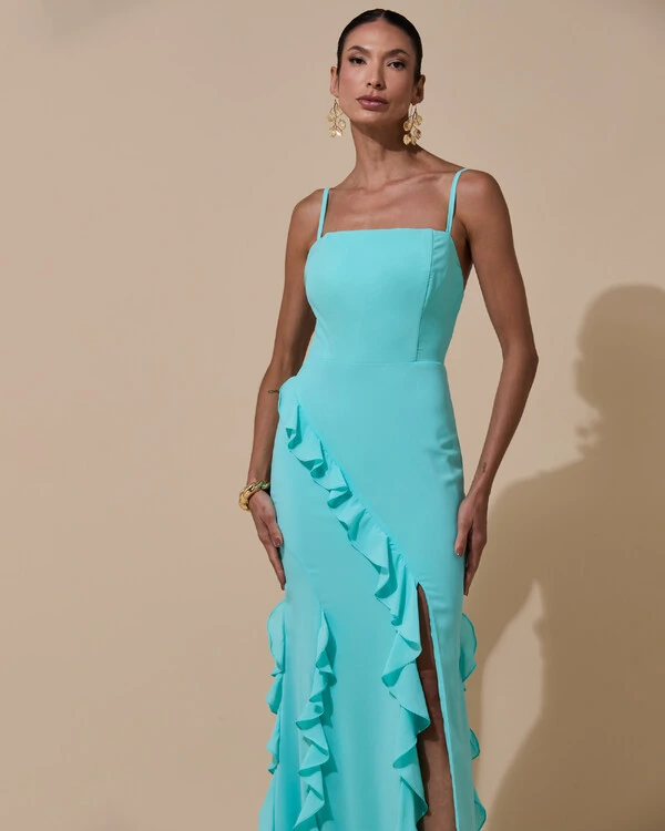 Vestido de Festa Longo Alças Finas Crepe Chiffon Babado Cascata Fenda Costas V Tiffany
